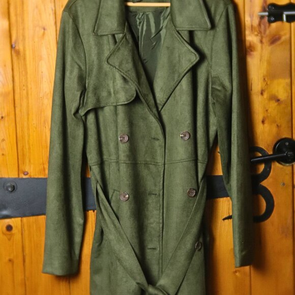 New Tall Khaki Green Faux Suede Midi Trench Coat - Picture 5 of 5